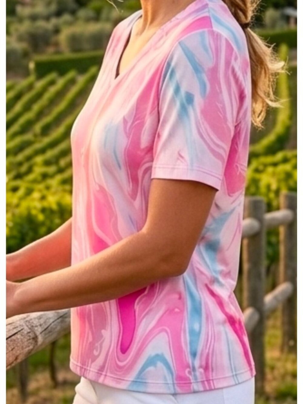 Team 365 Womens Pink Swirl Short-Sleeve V-Neck Moisture-Wicking Jersey Athletic